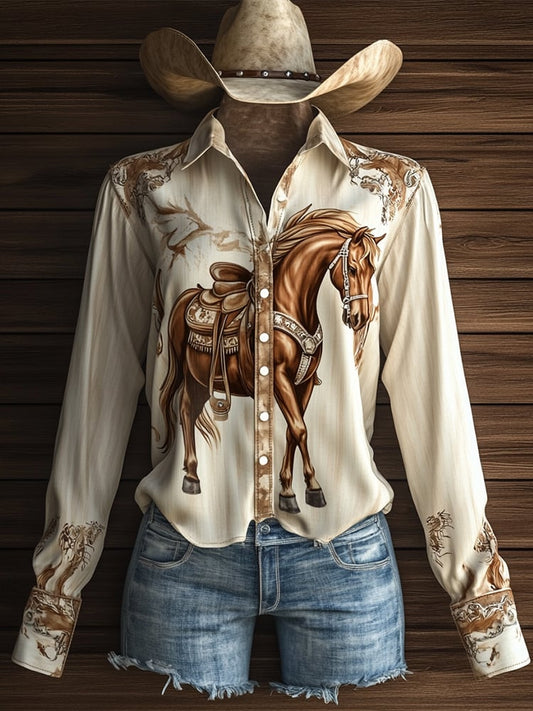 Women's Vintage Wild West Horse Print Long Sleeve Shirt
