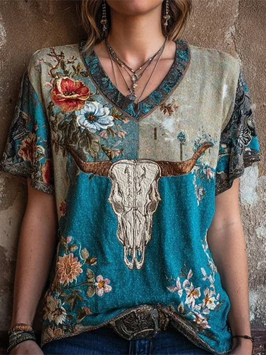 Women's Vintage Western Print V-Neck T-Shirt