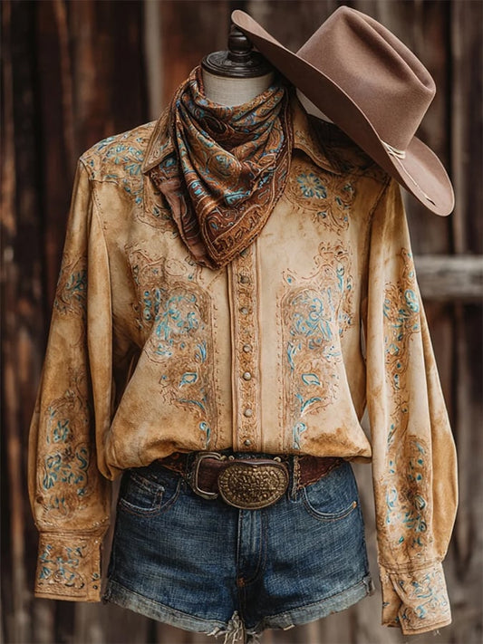 Women's Vintage Western Horse Design Cotton and Linen Blend Shirt