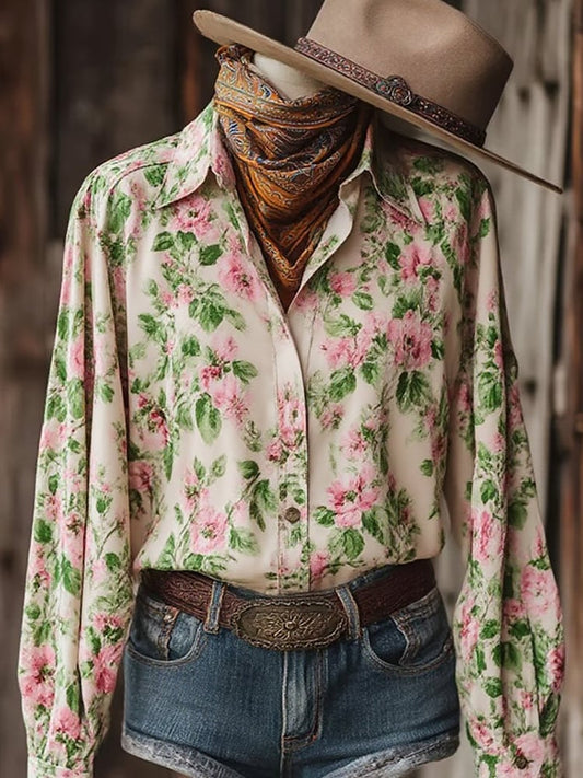 Women's Vintage Floral Western Long Sleeve Shirt
