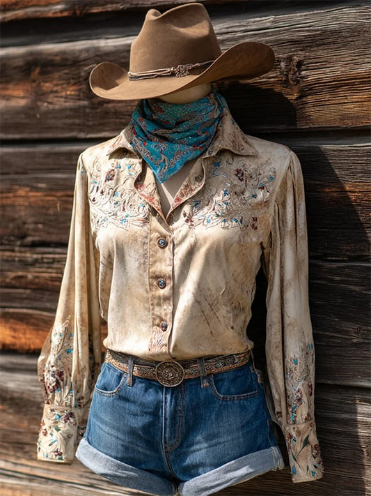 Women's Vintage Western Horse Design Cotton and Linen Blend Shirt