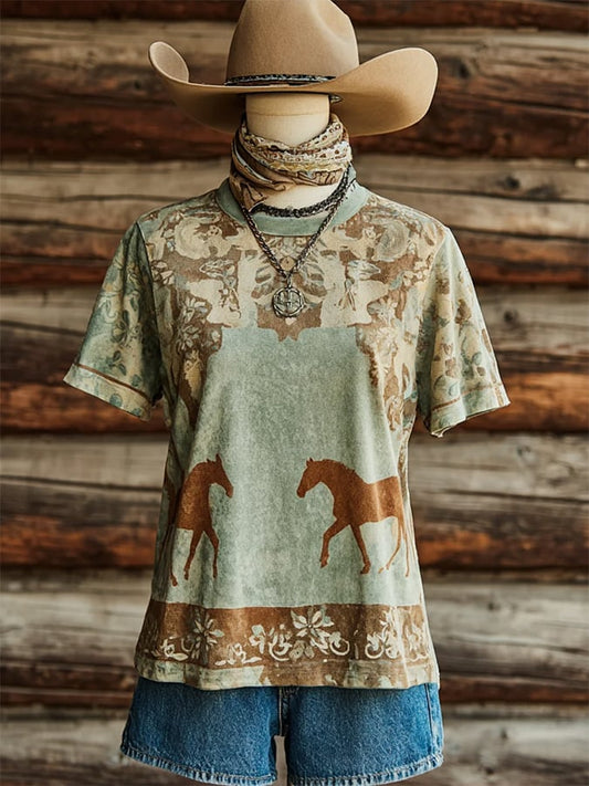 Women's Casual Vintage Western Horse Design Printed Crew Neck T-Shirt