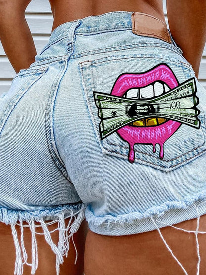 Women's Fashion Printed Hip-Stretching Sexy Denim Shorts