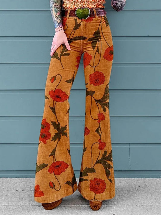 Women's Vintage Floral Print Mid-Rise Button-Hem Bootcut Pants (Without Belt)