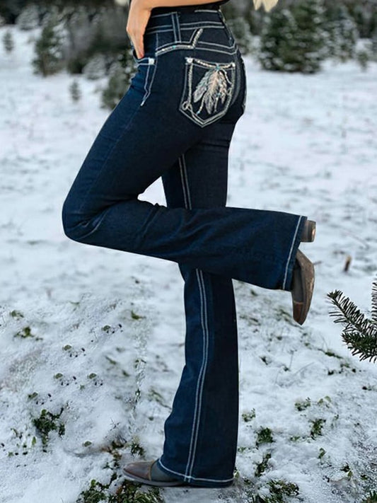 Western Style Stitching Design Sense Print Denim Trousers