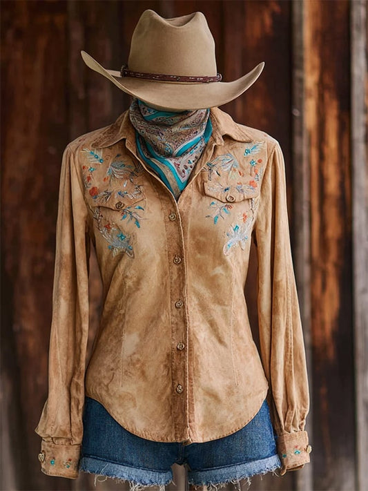 Women's Vintage Western Horse Design Cotton and Linen Blend Shirt