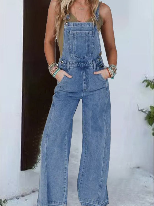 Women's Casual Square Neck Long Denim Suspender Jumpsuit