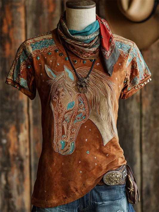 Women's Casual Vintage Western Horse Design Printed Crew Neck T-Shirt
