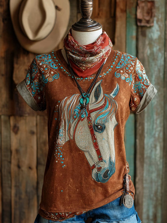 Women's Casual Vintage Western Horse Design Printed Crew Neck T-Shirt