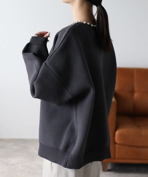 Chic Vintage Charcoal Pearl-Trim Knit Cardigan