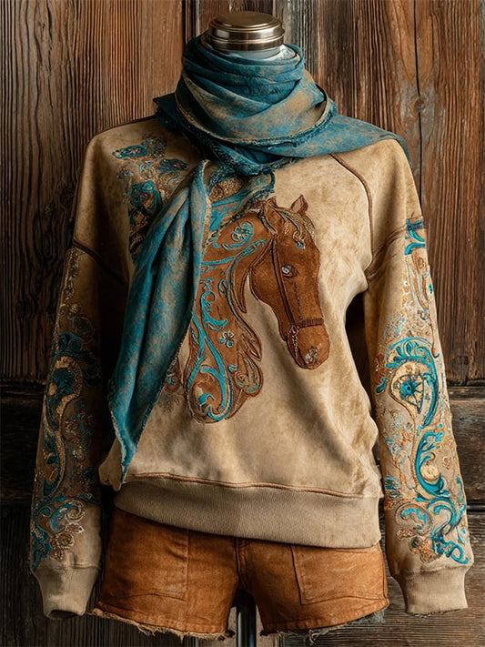 Women's Retro Western Design Printed Crew Neck Sweatshirt