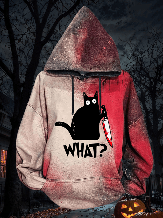 Women's Halloween WHAT Black Cat Bloodstain Print Hooded Sweatshirt