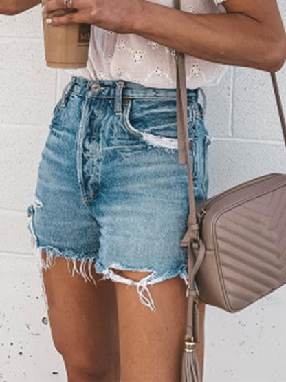 Loose-fitting Ripped Fringed Denim Shorts