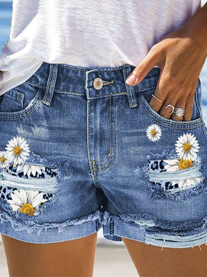 Trendy Print Ripped Washed Denim Shorts