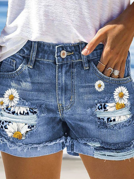 Trendy Print Ripped Washed Denim Shorts