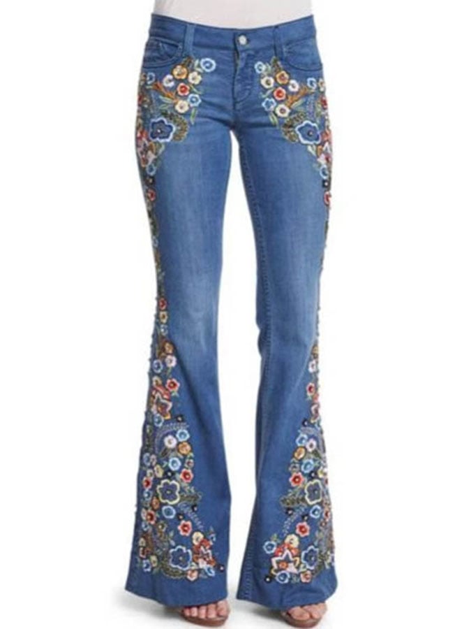 Vintage Western Embroidery Slim Slim Wash Flare Pants Jeans