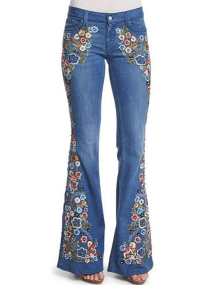 Vintage Western Embroidery Slim Slim Wash Flare Pants Jeans