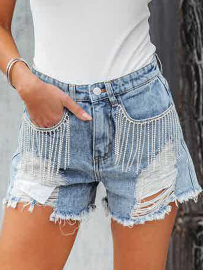 Denim Fashion Casual Chain Tassel Ripped Shorts