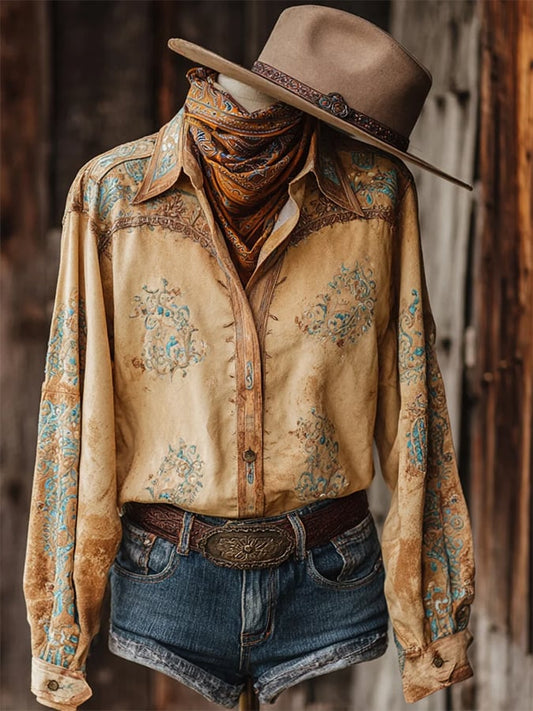 Women's Vintage Western Horse Design Cotton and Linen Blend Shirt
