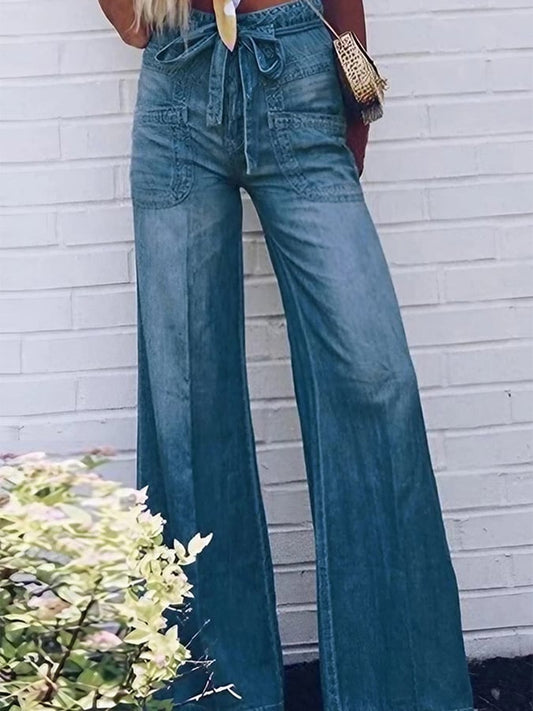 Lace Up Washed Denim Wide Leg Pants