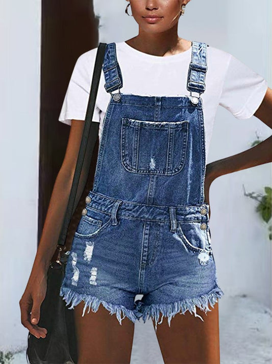 Women's Square Neck Ripped Overall Denim Jumpsuit