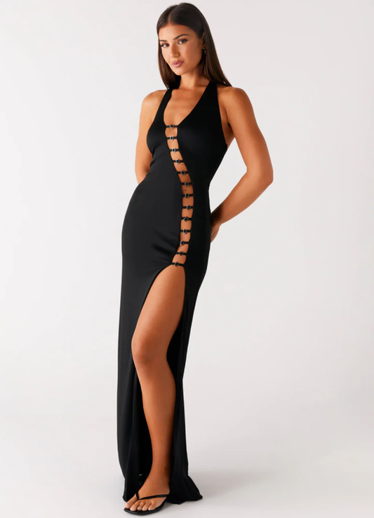 Elegant Black Halter Cutout Lace-Up Maxi Dress