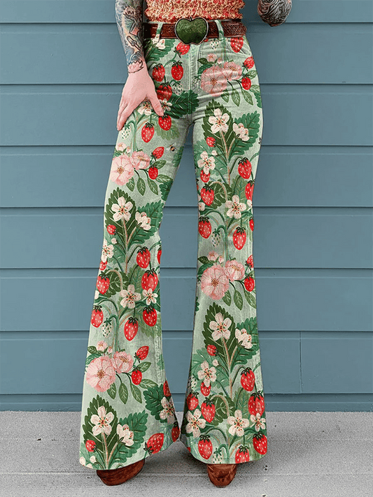 Women's Vintage Floral Print Mid-Rise Button-Hem Bootcut Pants (Without Belt)