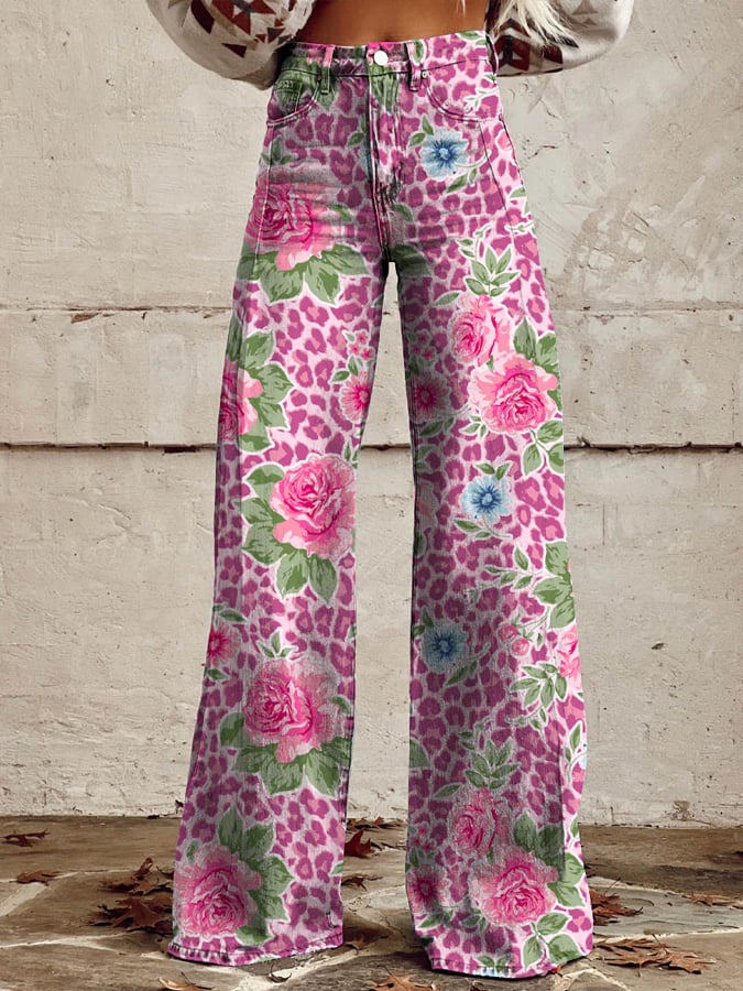 Women's Vintage Botanical Floral Wide Leg Pants