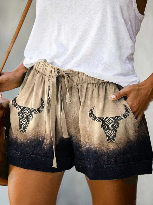 Women's Western Cow Head Print Vintage Shorts