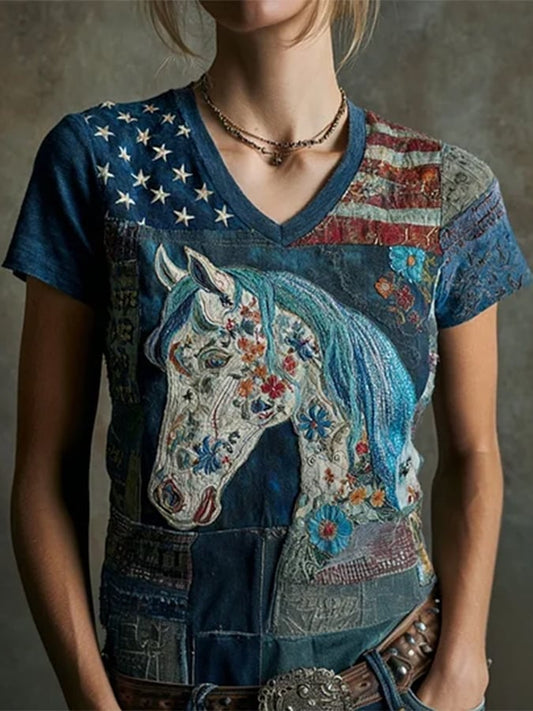 Women's Vintage Western Print V-Neck T-Shirt