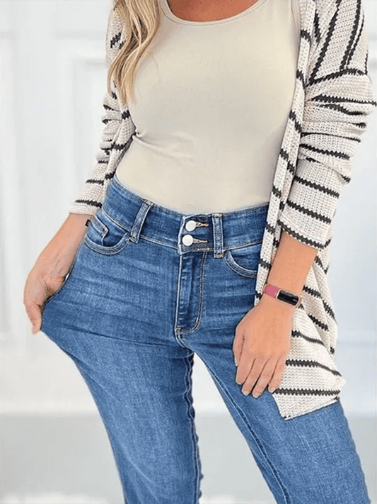 Women's Fashion Micro Flared Raw Edge Double Button Jeans