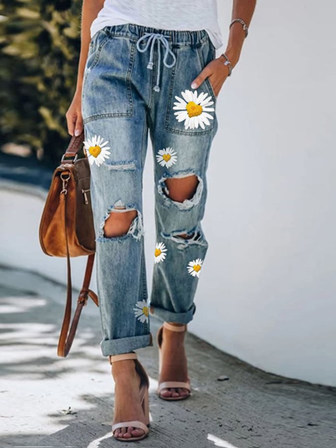 Ripped Elastic Waist Drawstring Sunflower Jeans