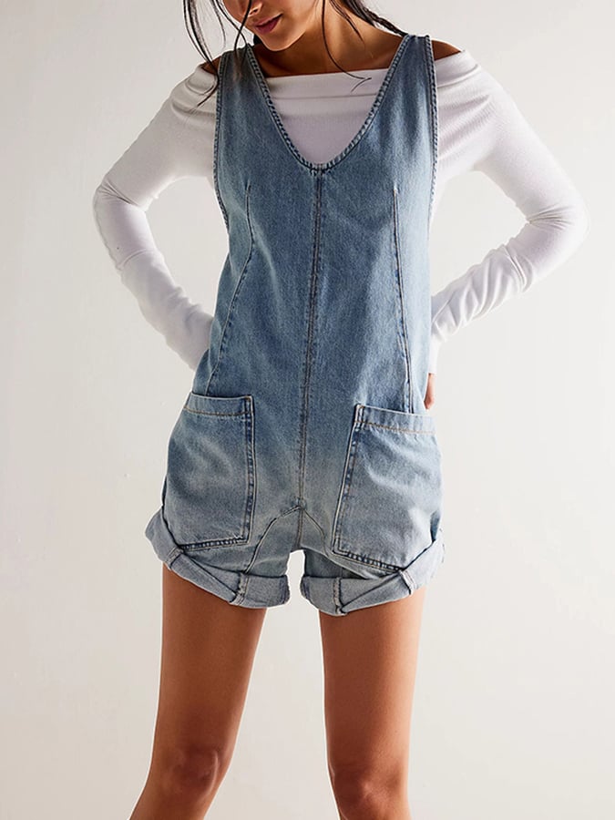 Women's Vintage Pocket Suspenders Adjustable Straps Washed Denim Jumpsuit