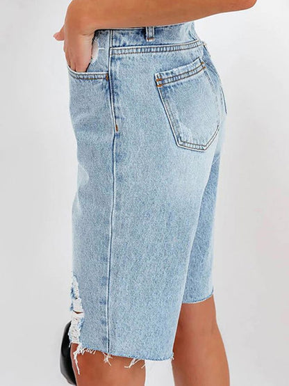 High Elastic Mid-rise Ripped Denim Cropped Pants