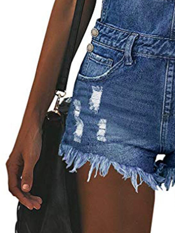 Women's Square Neck Ripped Overall Denim Jumpsuit