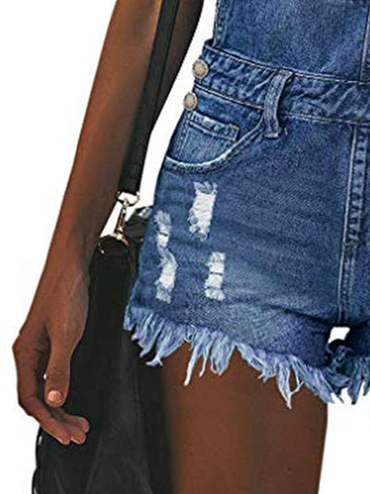 Women's Square Neck Ripped Overall Denim Jumpsuit