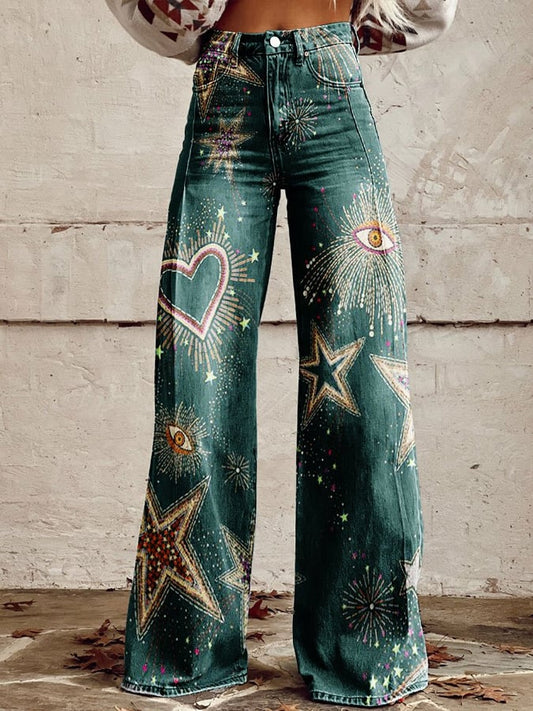 Women's Vintage Print Casual Wide Leg Pants