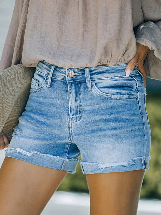 High-stretch Skinny Mid-rise Ripped Denim Shorts