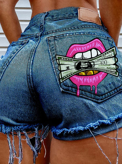 Women's Fashion Printed Hip-Stretching Sexy Denim Shorts