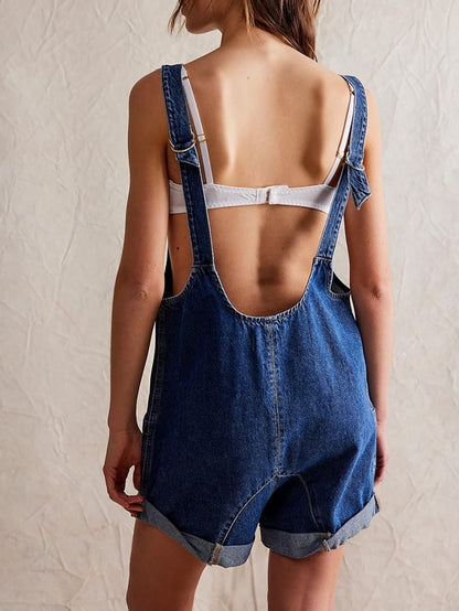 Women's Vintage Pocket Suspenders Adjustable Straps Washed Denim Jumpsuit