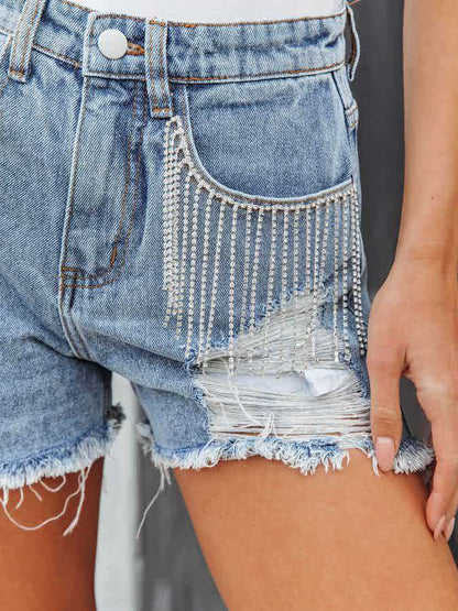 Denim Fashion Casual Chain Tassel Ripped Shorts