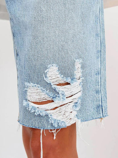 High Elastic Mid-rise Ripped Denim Cropped Pants