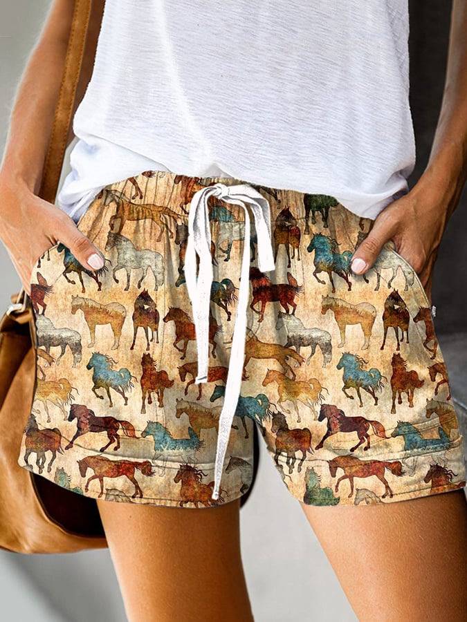 Women's Vintage Western Horses Print Shorts