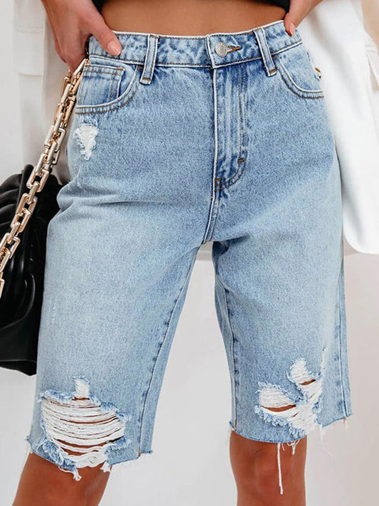 High Elastic Mid-rise Ripped Denim Cropped Pants
