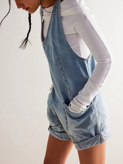 Women's Vintage Pocket Suspenders Adjustable Straps Washed Denim Jumpsuit
