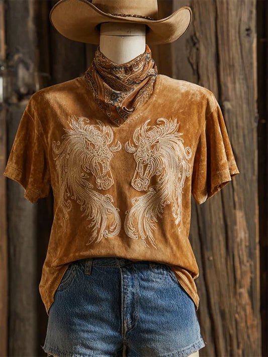 Women's Casual Vintage Western Horse Design Printed Crew Neck T-Shirt