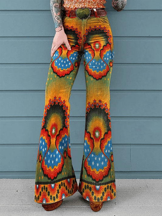 Women's Vintage Floral Print Mid-Rise Button-Hem Bootcut Pants (Without Belt)